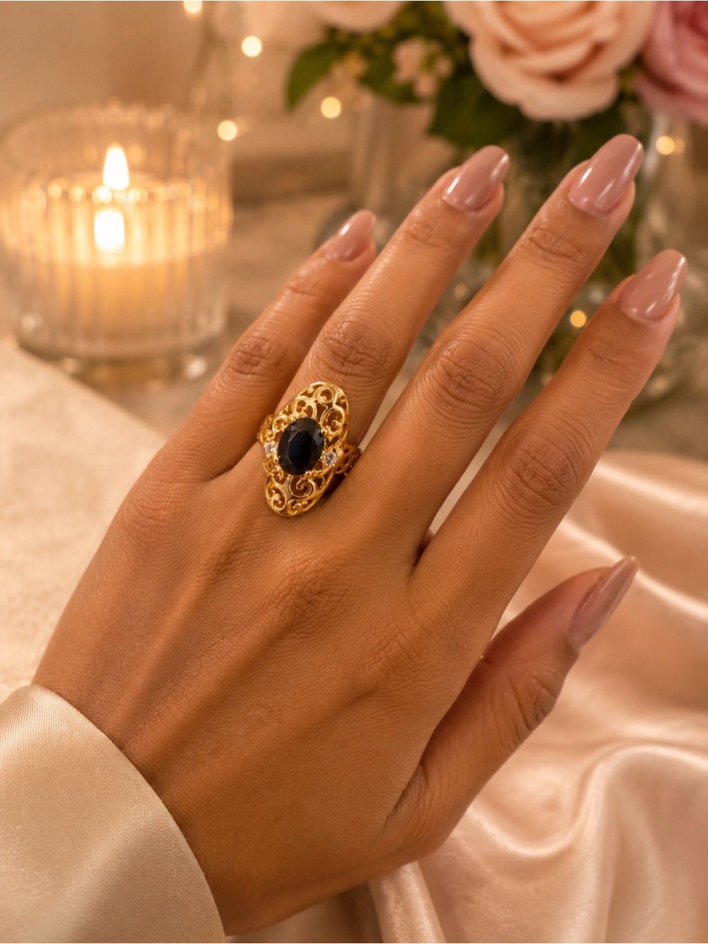 Gold Filigree Ring with Deep Blue Stone - Elegant Women’s Statement Ring